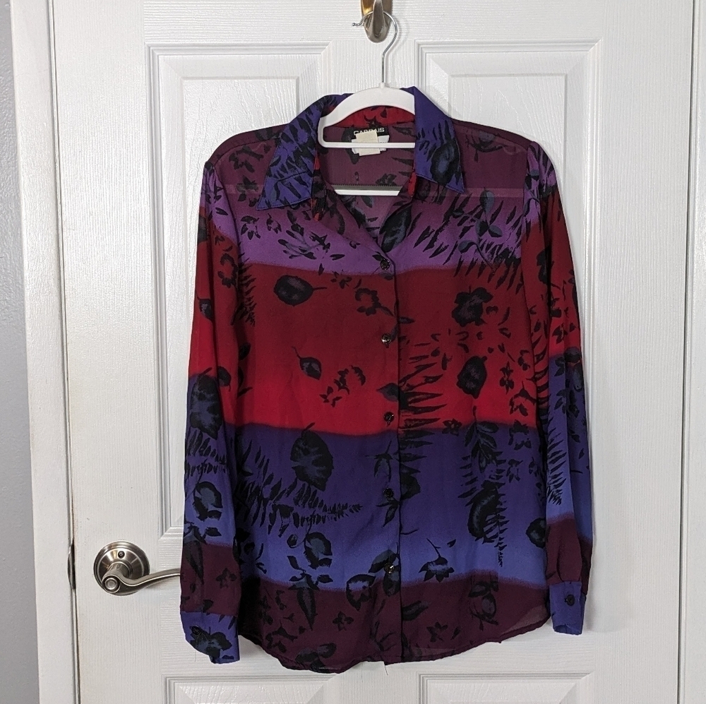 Vintage‎ 80s Cabrias Collection Sheer Watercolor Floral Button Up Blouse Size S